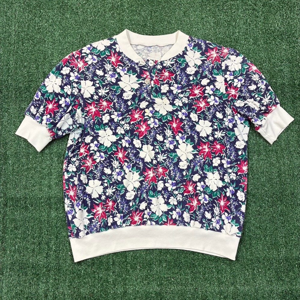 Vintage 90s Floral Henley Short‎ Sleeve Shirt